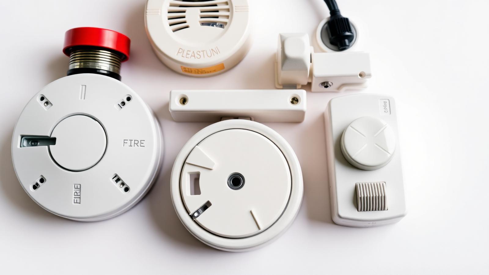 Rangkaian komponen fire alarm — smoke detector, heat detector, manual call point