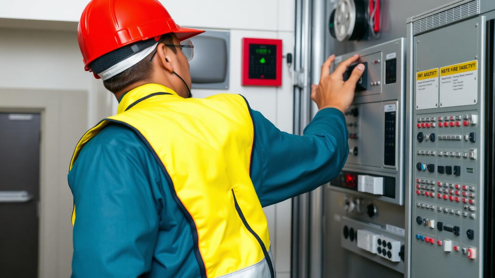 Teknisi memasang panel fire alarm control